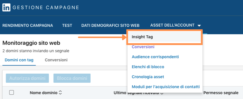 Linkedin Insight Tag: dove trovarlo nel menu principale